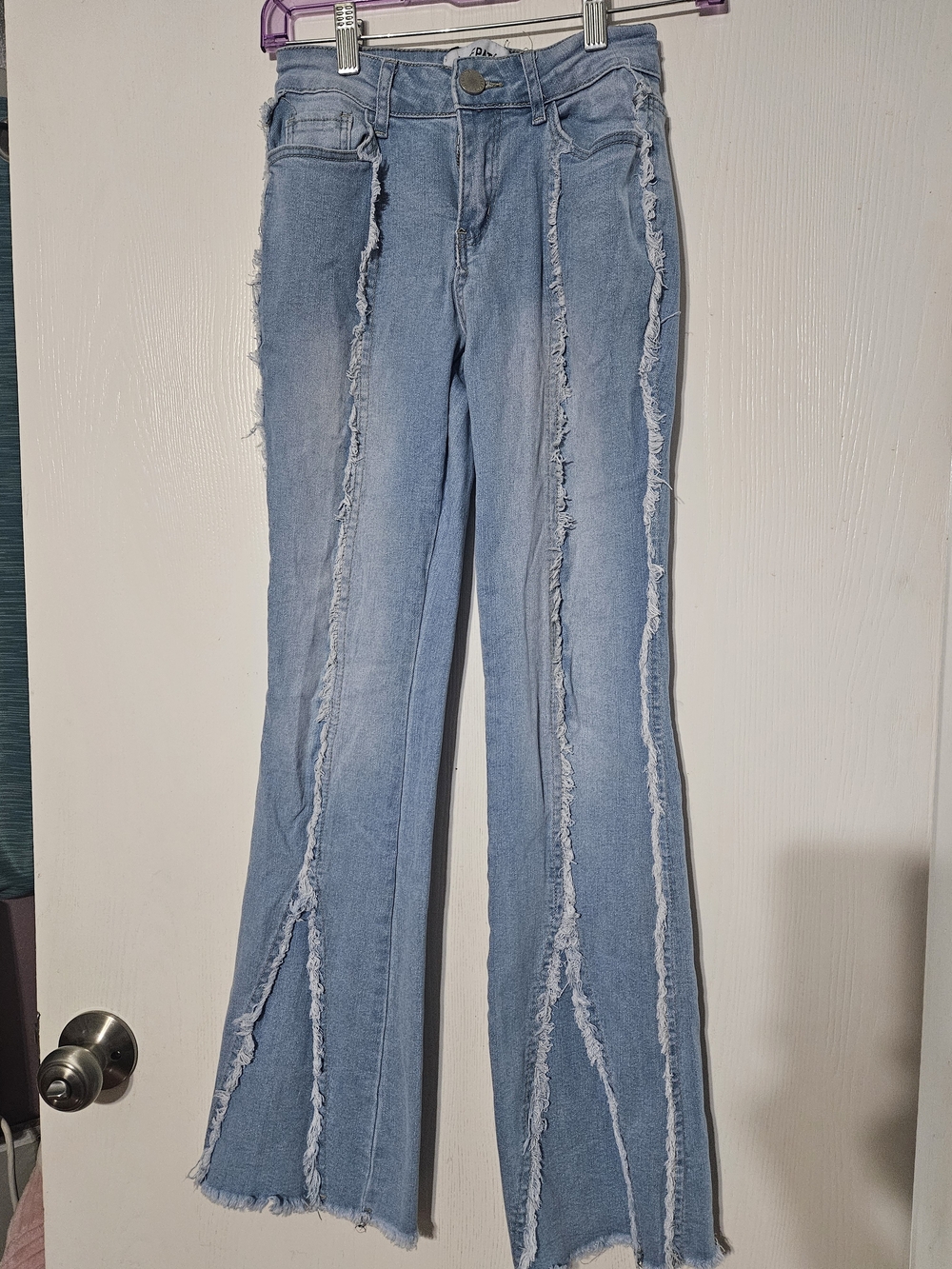 Girls' Light Blue Frayed-Trim Flare Jeans